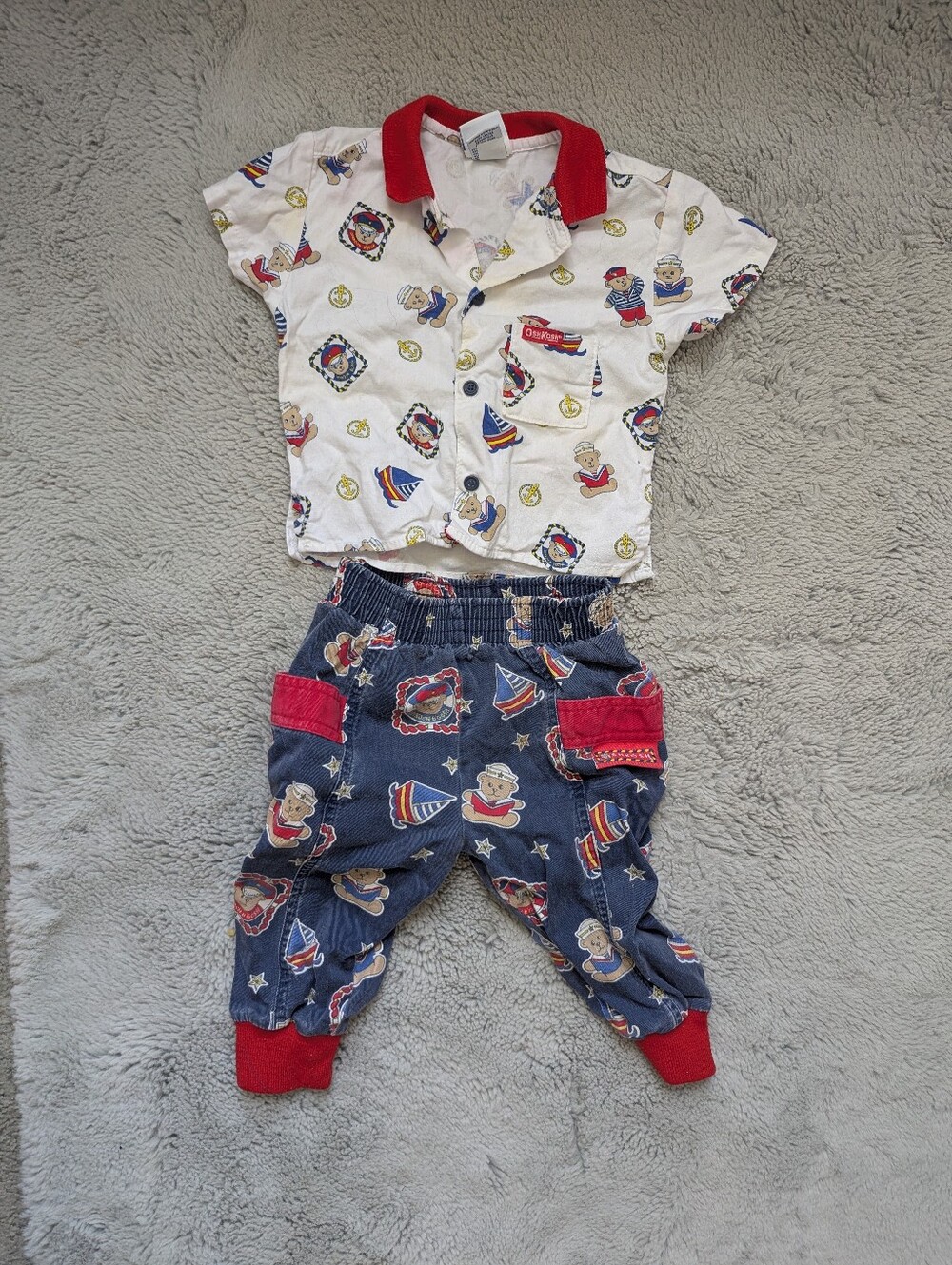 Vintage 90s OshKosh B'gosh Sailor Teddy Bear Set Short Sleeve Shirt Pants | 12M